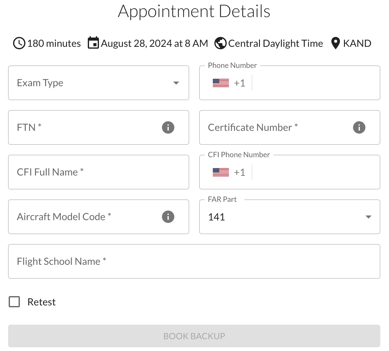 Booking form for a checkride