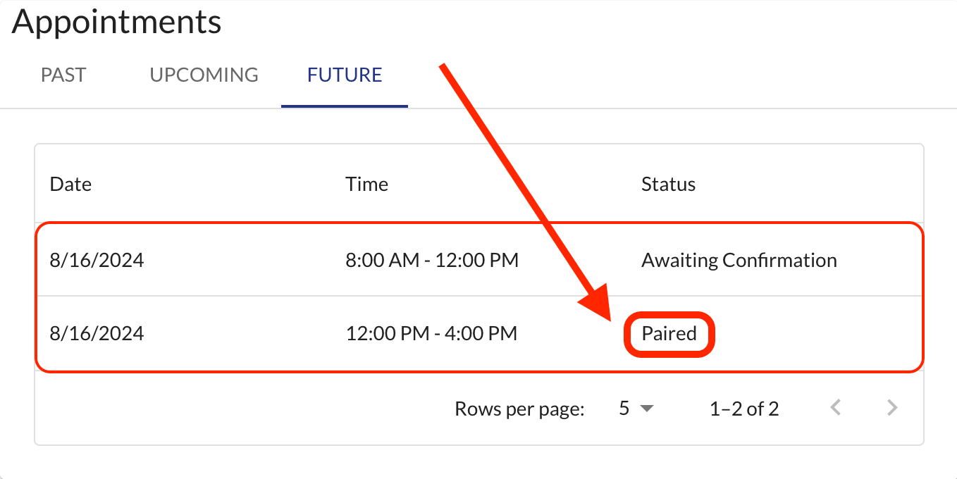 Appointment slots paired together by a CFI initial booking