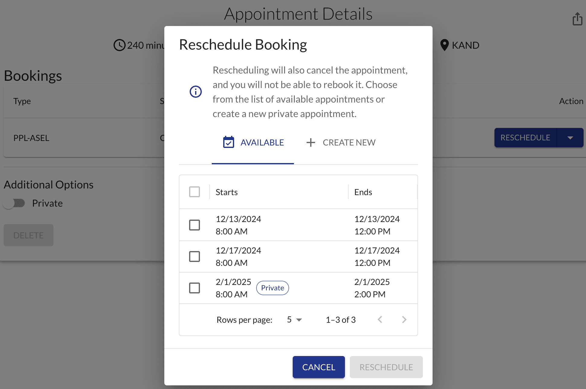 DPE reschedule booking dialog